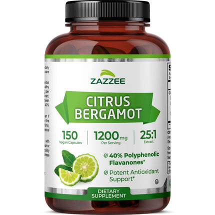Zazzee Citrus Bergamot 25:1 Extract, 1200 mg Per Serving, 40% Polyphenolic Flavanones, 150 Vegan Capsules, 5 Month Supply, Citrus Bergamia, Antioxidant Support, Certified Kosher, Non-GMO, Made in USA