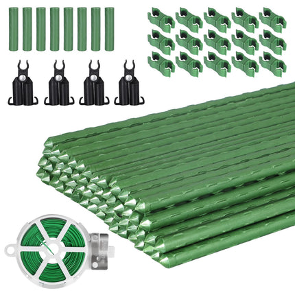 Garden Stakes 60 Pack, 16 Inch Each, DIY 3ft 4ft 5ft 6ft 7ft Sturdy Steel Plant Stakes with 50 Connectors, 30 Rotatable Clips, 10 A-Type Connecting Pipe and 164 Feet Twist Tie for Climbing Plants