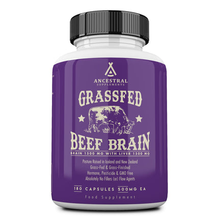 Ancestral Supplements Grass Fed Beef Brain Supplement with Beef Liver, Whole Food Brain Support Promotes Brain, Mood, and Memory Health, Brain and Liver Health Formula Capsules, Non-GMO, 180 Capsules