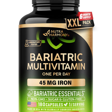 Bariatric Multivitamin - 45 mg Iron Supplements - Made in USA - for Women & Men - All-in-One, 21 Essential Vitamins - Gastric Sleeve Support - Free of Sugar, Gluten & Soy - 180 Capsules, Once Daily