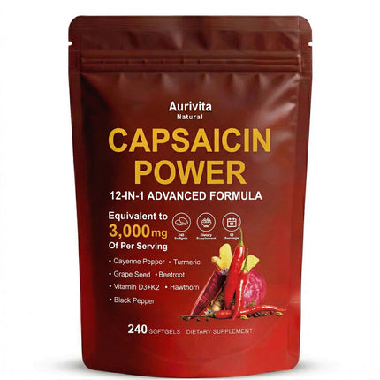 Aurivita Natural Capsaicin Softgels, Capsaicin Power Softgels, Non-GMO, Vegan, Gluten-Free, 240 Capsules (1PCS)
