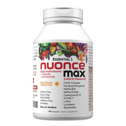 ANDREW LESSMAN Essential-1 nuonce max Multivitamin 2000 IU Vitamin D3 60 Small Capsules. 100 mcg Methyl B12. CoQ10 Lutein Lycopene Zeaxanthin. High Potency. No Additives. Ultra-Mild One Daily Capsule