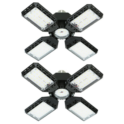 QiyuanLS 2-Pack LED Garage Light, 150W Deformable LED Ceiling Lights, 15000LM Garage Lighting with 4 Adjustable Panels, E26/E27 Shop Lights for Basement, Workshop, Attic