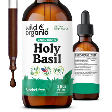 Wild & Organic Holy Basil Leaf Tincture - Relaxation, Calmness, Mood Support - Tulsi Holy Basil Supplement - Vegan, Sugar & Alcohol-Free Herb Extract Drops - 2 fl oz