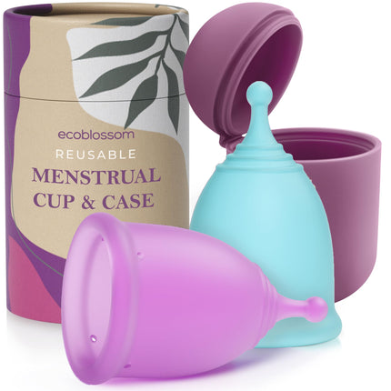 EcoBlossom Reusable Menstrual Cup and Case - The Most Reliable Medical Grade Silicone Period Cups - Comfortably use for 12 Hours (Small/Large (Pack of 2), Round Stem & Case)