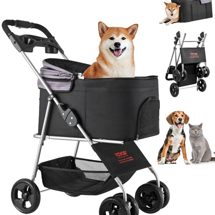 VEVOR Pet Stroller, 35 lbs Weight Capacity, Foldable Dog Stroller Cart, 4 Wheels Cats Strollers with with Detachable Carrier & Mesh Windows, Portable Design with Brake for Small to Medium Pets