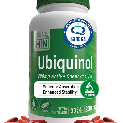 Health Thru Nutrition Ubiquinol 200mg 30 Softgels as Kaneka QH Reduced CoQ-10 | Stabilized - 3rd Party Tested | Enhanced Bioavailability | Cardiovascular & Mitochondria Function Support | Non-GMO