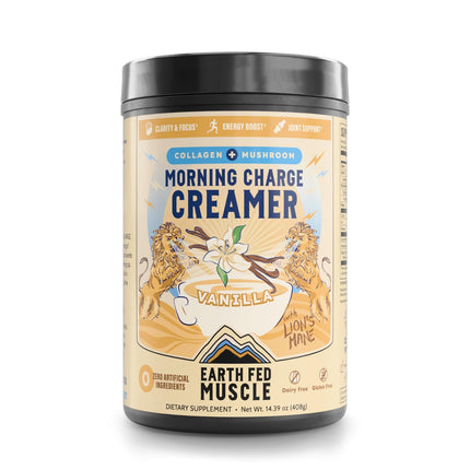 Earth Fed Muscle Morning Charge Vanilla Supernutrient Coffee Creamer with Lion's Mane - Collagen Peptides, Coconut Milk, Non-Dairy - Focus + Joint Support - 24 Servings