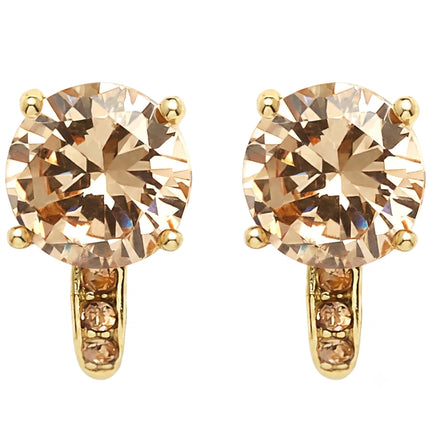 Mariell Champagne 14K Gold Plated Clip-On CZ Crystal Stud Earrings, 2 Carat 8mm Size for Weddings, Brides, Birthday Gift