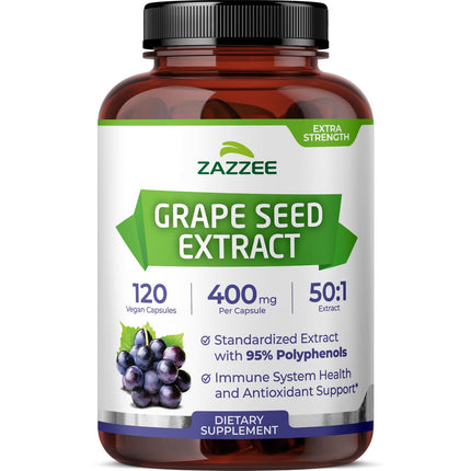 Zazzee High Strength Grape Seed 50:1 Extract, 120 Vegan Capsules, 95% Polyphenols, 400 mg per Capsule, 4 Month Supply, Antioxidant, Circulation & Blood Flow Support, Non-GMO, Made in the USA