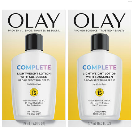 Olay Face Moisturizer, Complete with Sunscreen SPF 15, Daily Facial Lotion for Normal Skin, Lightweight Hydrating Broad Spectrum Sun Protection - Vitamin C, E, and Niacinamide - 6 Oz 2 Pack