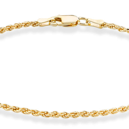 Miabella Italian 18K Gold Plated 925 Sterling Silver Italian 2mm, 3mm Braided Rope Chain Bracelet for Men Women, Made in Italy (2mm - Length 7.5 Inches)