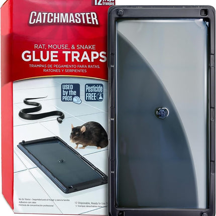 Catchmaster Rat, Snake and Mouse Traps 12Pk, Large Bulk Glue Rat Traps for Home, Adhesive Plastic Tray for Inside House, Snake, Mice, & Spider Catcher, Pest Control for House & Garage