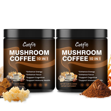 Catfit Instant Mushroom Coffee Powder, 10-in-1 Adaptogen Blend with Lion's Mane, Chaga & Cordyceps for Energy, Focus, Gut Health & Immune Support - 240g, 75 Servings