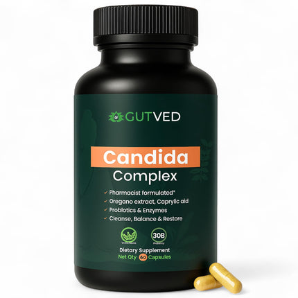 GUTVED Candida Complex with Caprylic Acid for Men & Women – Anti Overgrowth, Balance and Restore Supplement for Yeast, Healthy Gut Flora & Skin with 30B/g Probiotic, Oregano, Senna - 1 Month Supply