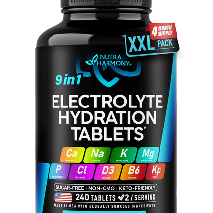 Electrolytes - Electrolyte Tablets with Magnesium, Sodium, Potassium, Chloride, Vitamins D3 & B6, Kelp Powder - Salt Pills - Made in USA - Oral Tablets as Capsules - Vegan & Keto Friendly - 240 Tabs