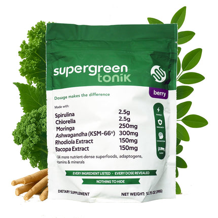 SUPERGREEN TONIK 100% Natural Greens Superfood Powder – Daily Supplement with 40 Superfoods, Vitamins and Minerals – Supports Energy, Stress and Immunity – 30 Days 360 Grams Berry Flavor (1 Bag)