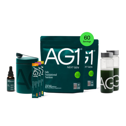 AG1 Next Gen, Greens Powder Supplement | Improve Gut Health | Multivitamin, Probiotic, Gluten Free, Vegan and Keto Friendly | 75 Vitamins - Family Value Kit