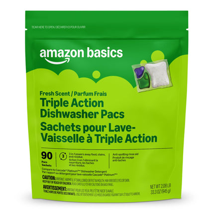 Amazon Basics Triple Action Dishwasher Pacs, Fresh Scent, 90 Count (Previously Presto!)