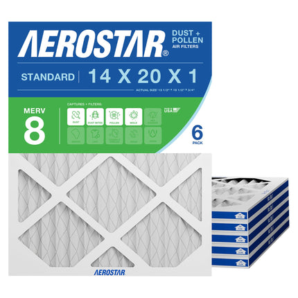 Aerostar 14x20x1 MERV 8 - 6 Count - High Efficiency Pleated HVAC, Furnace & Air Conditioner Filters - Removes Dust, Lint, Mold & Allergy-Causing Pollen