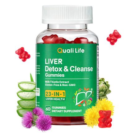 QualiLife Liver Cleanse Detox & Repair Gummies - 2000mg Milk Thistle Liver Detox Supplement, Liver Support Supplement with Dandelion Root - Mixed Fruit Flavor, 60 Gummies