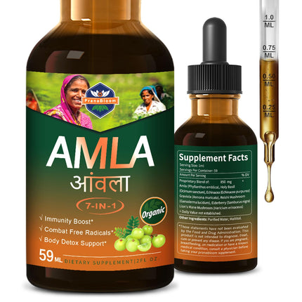 PranaBloom Amla Extract Immunity Boost Drops, Natural Indian Gooseberry Fruit Supplement for Body Detox Support w/Holy Basil, Echinacea, Graviola, Reishi, Elderberry, and Lion's Mane. 2oz