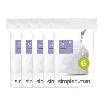 simplehuman Code G 100 Count Custom Fit Liners, Drawstring Kitchen Trash Bags, One-by-One Mess-Free Dispense, Extra Thick & Double Seamed, 50% PCR Plastic, 30 Liter / 8 Gallon, White