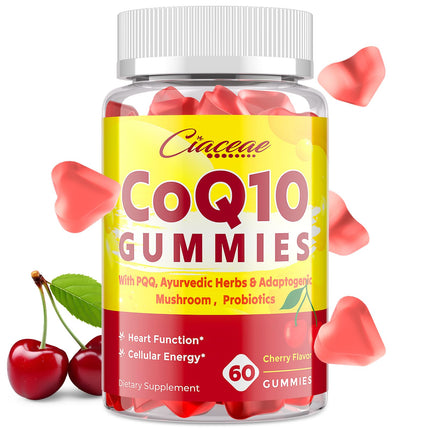 CoQ10 Gummies with PQQ - 400 MG Coenzyme Q10 High Potency, Enhanced with Ayurvedic Herbs, Adaptogenic Mushroom Blend & Probiotics for Heart, Brain, Energy, Immunity, Cherry Flavor, 60 Vegan Gummies