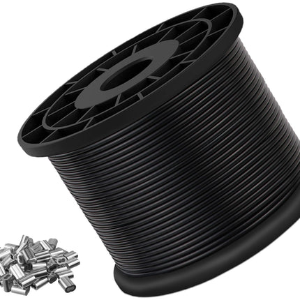 Vinyl Coated Wire Rope 304 Stainless Steel Coated Wire Cable-Black, 1/16" OD to 3/32" x 1000FT, with 300 Pcs Crimping Sleeves-Cable for String Lights, Suitable for Clotheslines