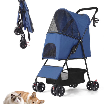 Pet Stroller for Small Medium Dogs Cats - Lightweight 10lbs Foldable Dog Stroller, Breathable Mesh & Safety Tether, 33lbs Capacity with Locking Wheels, Storage Basket for Outdoor Walks-Blue
