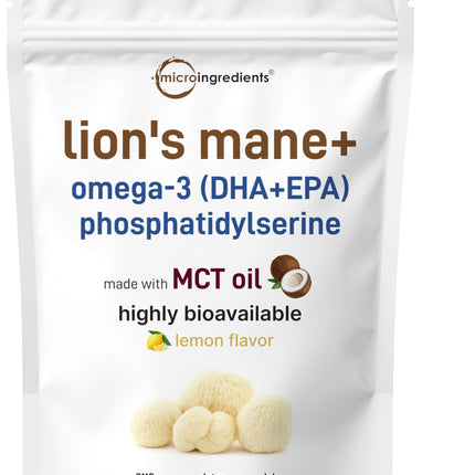 Micro Ingredients Lions Mane+ with Omega-3 EPA DHA & Phosphatidylserine – 240 Softgels with MCT Oil for Better Absorption – Fruiting Body & Mycelium Superfood Mushroom Extract – Lemon Flavored