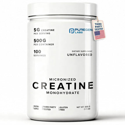 Puregen Labs Micronized Creatine Monohydrate Powder 500g – Pure, Unflavored, No Additives | 5000mg Per Serv (5g) - 100 Servings | Third Party Tested for Quality
