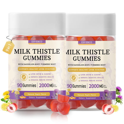 Milk Thistle Gummies with 2000MG Extract, Liver Health Support Gummies, Silymarin Milk Thistle Supplement with Artichoke, Dandelion, Turmeric Curcumin, No Sugar, for Adults, Vegan, 180 Count