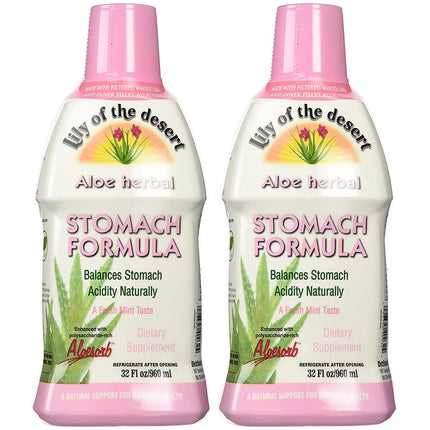 Lily Of The Desert Stomach Formula, Organic Aloe Vera Juice with Slippery Elm, Chamomile, Peppermint, and Ginger for Gut Health, Acid Reflux, Heartburn Relief, 32 Oz (Pack of 2)