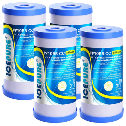 5 Micron 10" x 4.5" Whole House Water Filter Compatible with GE FXHTC, GXWH40L, RFC-BBSA, W50PEHD, Whirlpool WHKF-GD25BB, GXWH35F, GNWH38S, Dupont WFHD13001, Pentek R50-BB, 4WH-HDGR-F01 4PACK