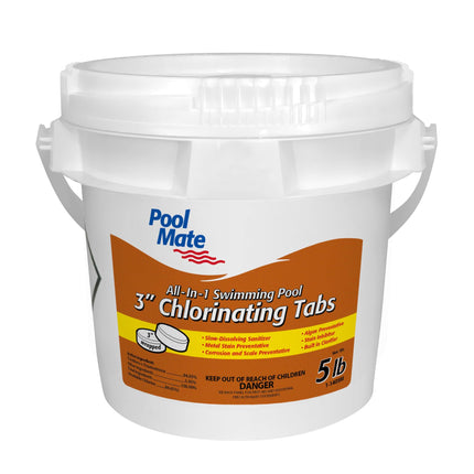 Pool Mate 5-Pounds All-In-1 Swimming Pool 3 Inch Chlorinating Tabs, Chlorine Tablets 3 Inch, Sanitizer, Clarifier, Stain Inhibitor, Algae Control, Descaler, Sunlight Protector All In One, Made In USA