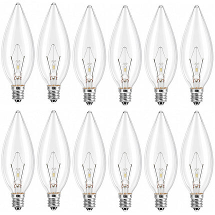 MEQIQTEK E12 60 Watt Incandescent Candle Light Bulbs, Chandelier Light Bulbs for Ceiling Fan, Vanity, Outdoor - Warm White 2500K, 600 Lumen Dimmable B10 Clear Candelabra Base Bulbs (12 Pack)