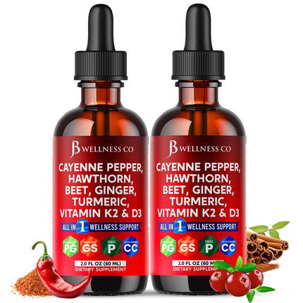 Cayenne Pepper Supplement Liquid Drops + Hawthorn Berry, Vitamin D3 K2 Beet Root Powder, Ceylon Cinnamon, Turmeric Curcumin, Organic Panax Ginseng - 4oz