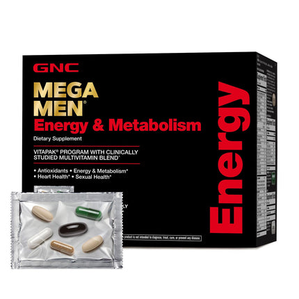 GNC Mega Men Energy and Metabolism Vitapak Program for Men, Convenient, Complete Nutrition, 5 Products in 1 Packet, Calorie Burn, Thermogenic, 300mg Caffeine, 30 Daily Packs