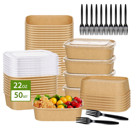 DI QIU REN 50-Pack 22oz Paper Bowls, Disposable Food Containers with Lids and Forks, Rectangular Disposable Salad Bowls for Diet Salad, Pasta (kraft Paper Rectangular, 22oz 50 Count)