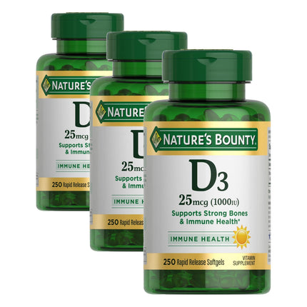 Nature's Bounty Vitamin D3 1000 IU, Immune Support, Helps Maintain Healthy Bones, 250 Rapid Release Softgels (Pack of 3)