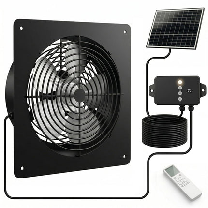 ORQEMG Solar Powered Fan with Battery Backup, 15W Monocrystalline Panel, 12V 4000mAh Control Box, Remote Control, 3 Modes, Adjustable Speed Ventilation Fan for Chicken Coop, Greenhouse, Shed, Attic