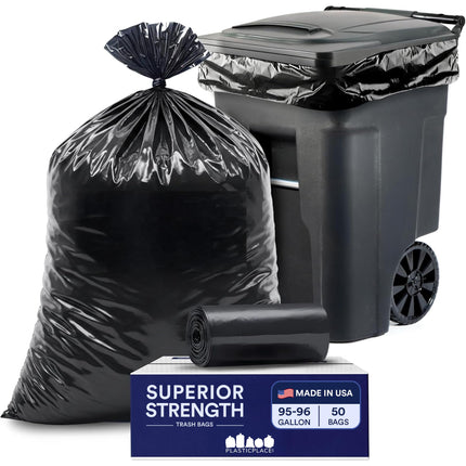 Plasticplace 95-96 Gallon Heavy Duty Trash Bags, Garbage Bags, Puncture-Resistant, Fits Rollaway Cans & Drums, Durable Large Plastic Bags (50 Count)