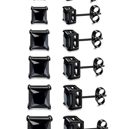 ORAZIO Black Square CZ Stud Earrings for Men Women Stainless Steel Princess Cut Cubic Zirconia Earring Studs 3MM-8MM