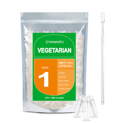 wananfu Size 1 Empty Capsules Vegetarian (1000 Count) Bundle with Micro Lab Spoon, Clear Fillable Veggie Pill Capsules Size 1 for Making Your Own Supplements