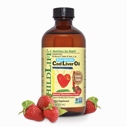 ChildLife Essentials Cod Liver Fish Oil for Kids - Kids Arctic Cod Liver Oil Liquid for Babies 6+ Months & Toddlers, Added DHA, EPA, Omega-3 Fatty Acids for Nutrition - Strawberry Flavor, 8 fl oz