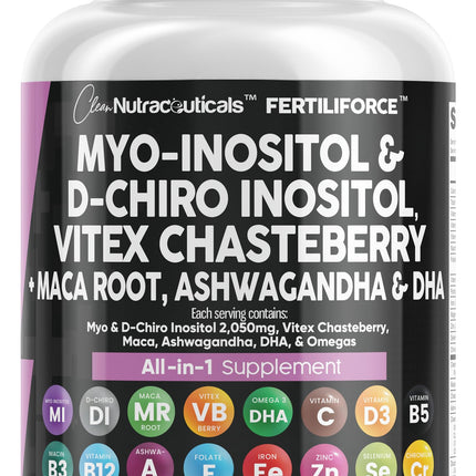 Clean Nutraceuticals Myo-Inositol & D-Chiro Inositol 2050mg Fertility Supplement 40:1 Ratio - Prenatal Vitamins for Women with Ashwagandha Maca Root Vitex Chasteberry Iron DHA Folic Acid DIM Zinc (1)