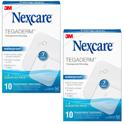 Nexcare Tegaderm Transparent Dressing, Clear Film Lets You See Wounds Heal, Waterproof Dressing Holds Fast for 7 Days - 10 Dressings, 2-Pack