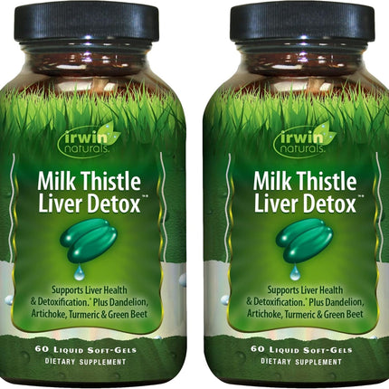 Irwin Naturals Milk Thistle Liver Detox - 60 Liquid Soft-Gels, Pack of 2 - Supports Liver Health with Dandelion, Artichoke, Turmeric & Green Beet Root - 60 Total Servings