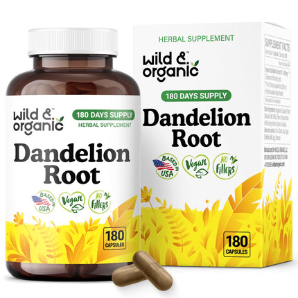 Wild & Organic Dandelion Root Capsules - Liver Supplement - Fresh Dandelion Root Powder per Capsule - 180 Vegan Capsules - 6 Month Supply - No Fillers, Non-GMO